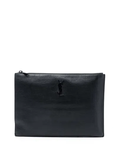 Pre-owned Saint Laurent 2013 Croc Embossed Leather Monogram Zip Pouch Clutch Bag In Black