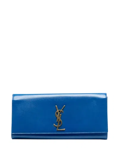 Pre-owned Saint Laurent 2013 Grain De Poudre Monogram Cassandre Clutch Bag In Blue