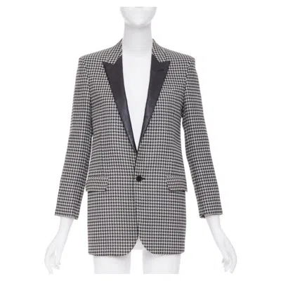 Pre-owned Saint Laurent 2013 Leather Peak Lapel Grey Black Houndstooth Blazer Fr34 Xs In Gray