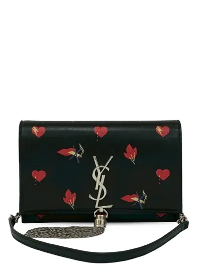 Pre-owned Saint Laurent 2013-2025 Calfskin Heart And Smoking Lips Monogram Kate Tassel Wallet On Chain Crossbody Bag In Black