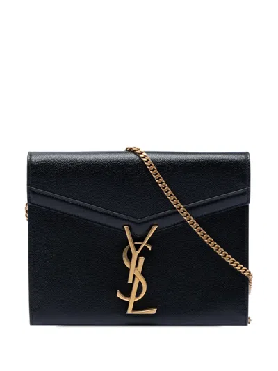 Pre-owned Saint Laurent 2013-2025 Grain De Poudre Monogram Cassandra Chain Wallet Crossbody Bag In Black