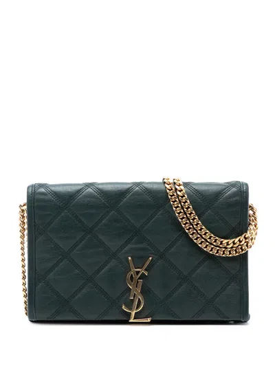 Pre-owned Saint Laurent 2013-2025 Quilted Lambskin Diamond Becky Chain Wallet Shoulder Bag In Green