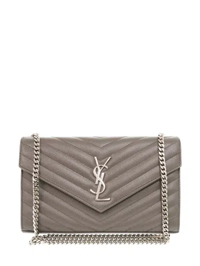 Pre-owned Saint Laurent 2013-2026 Grain De Poudre Matelasse Chevron Classic Cassandre Chain Wallet Crossbody Bag In Brown