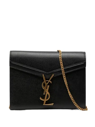 Pre-owned Saint Laurent 2013-2026 Grain De Poudre Monogram Cassandra Chain Wallet Crossbody Bag In Black