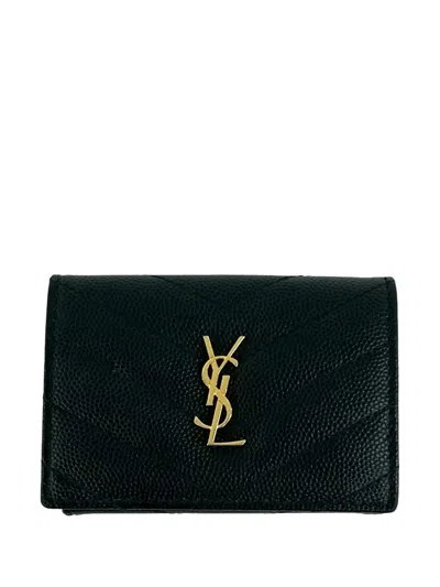 Pre-owned Saint Laurent 2013-2026 Grain De Poudre Monogram Trifold Wallet Small Wallets In Black