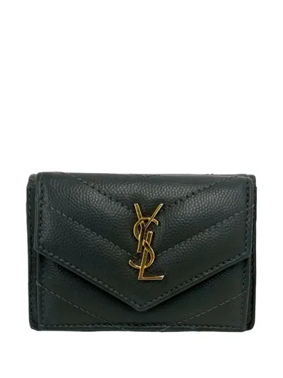 Pre-owned Saint Laurent 2013-2026 Grain De Poudre Monogram Trifold Wallet Small Wallets In Gray