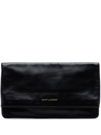 Pre-owned Saint Laurent 2013-2026 Leather Letters Fold Over Clutch Bag In Black