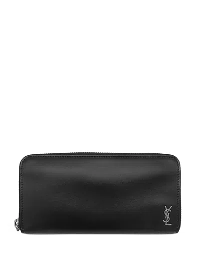 Pre-owned Saint Laurent 2013-2026 Leather Tiny Cassandre Zip Around Wallet Long Wallets In Black
