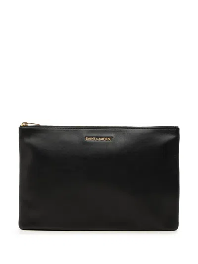 Pre-owned Saint Laurent 2013-2026 Leather Zip Clutch Bag In Black