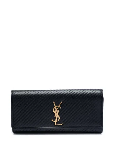 Pre-owned Saint Laurent 2013-2026 Matelasse Diagonal Calfskin Monogram Cassandre Clutch Bag In Black