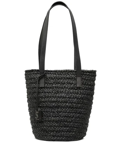 Pre-owned Saint Laurent 2013-2026 Small Raffia Panier Tote Bag In Black