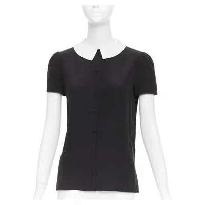 Pre-owned Saint Laurent 2014 Black Cream Silk Peter Pan Collar Cap Sleeve Blouse Fr36 S In White
