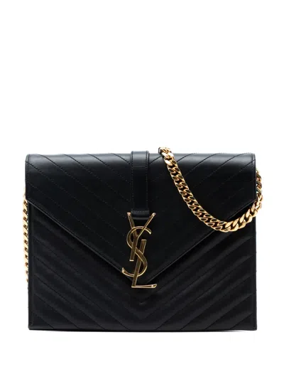 Pre-owned Saint Laurent 2014 Chevron Calfskin Classic Monogram Envelope Crossbody Bag In Black