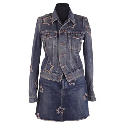 Pre-owned Saint Laurent 2014 Denim Suit Jacket And Skirt With Worn Star Patches In Black