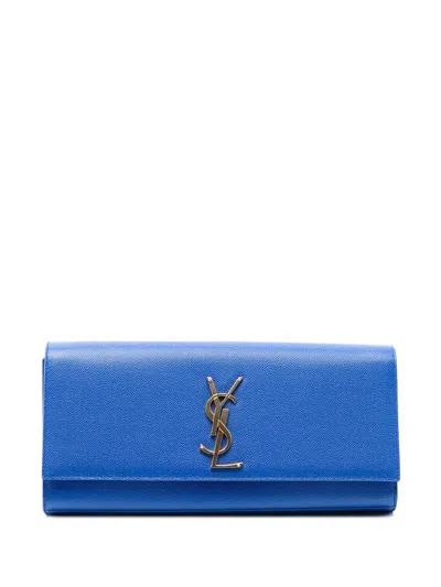 Pre-owned Saint Laurent 2014 Grain De Poudre Monogram Cassandre Clutch Bag In Blue