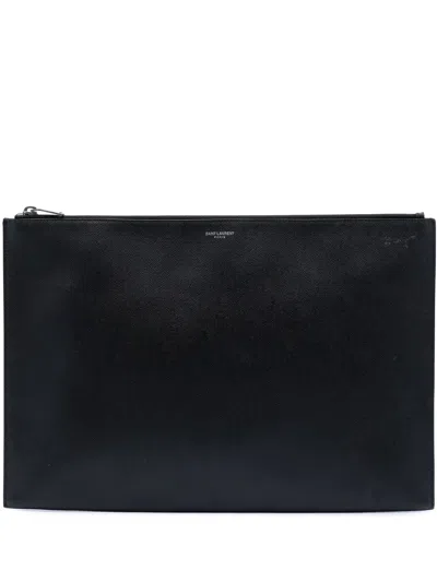 Pre-owned Saint Laurent 2014 Grain De Poudre Zip Document Holder Clutch Bag In Black