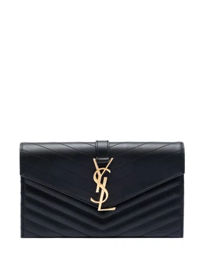 Pre-owned Saint Laurent 2014 Lambskin Chevron Monogram Clutch Bag In Black