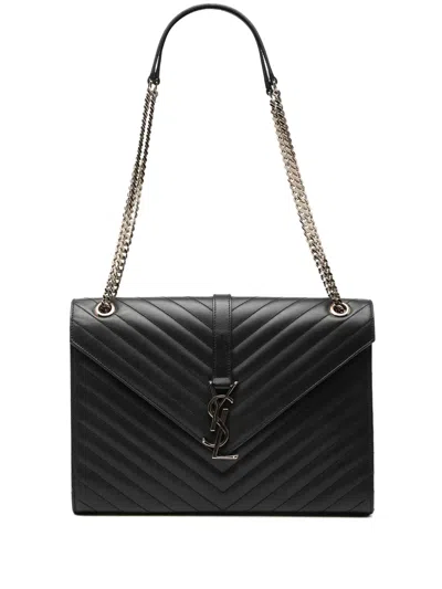 Pre-owned Saint Laurent 2014 Large Calfskin Chevron Monogram Envelope Bag Shoulder Bag In Black
