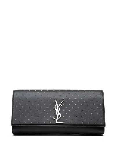 Pre-owned Saint Laurent 2014 Leather Monogram Studded Cassandre Clutch Bag In Black