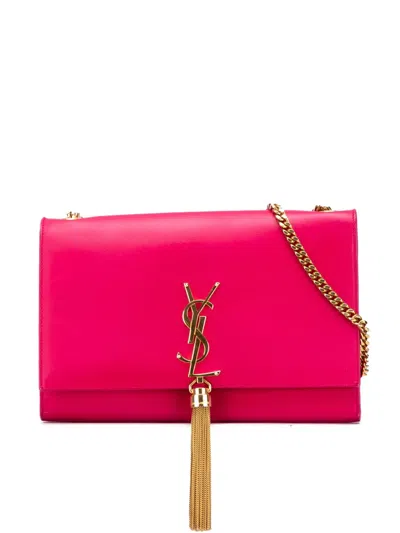 Pre-owned Saint Laurent 2014 Medium Smooth Calfskin Classic Monogram Kate Tassel Crossbody Bag In Pink