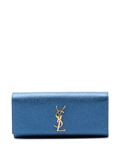 Pre-owned Saint Laurent 2014 Metallic Calfskin Cassandre Clutch Bag In Blue