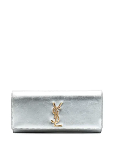 Pre-owned Saint Laurent 2014 Metallic Calfskin Cassandre Clutch Bag In Silver