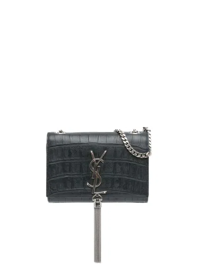 Pre-owned Saint Laurent 2014 Mini Croc Embossed Kate Tassel Crossbody Bag In Black
