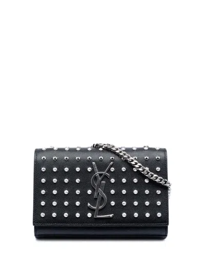 Pre-owned Saint Laurent 2014 Mini Grain De Poudre Studded Kate Shoulder Bag In Black