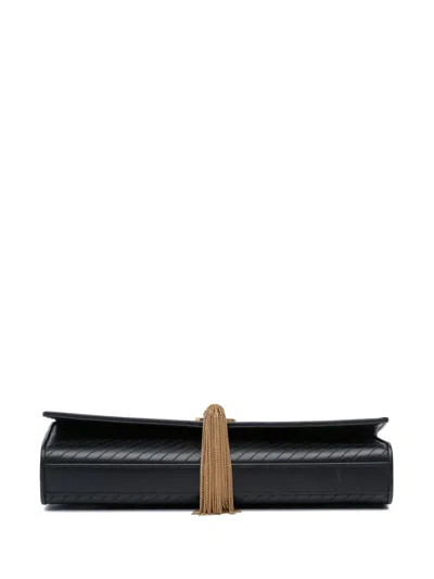 Pre-owned Saint Laurent 2014 Quilted Calfskin Monogram Kate Tassel Clutch Bag In Black