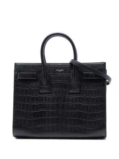 Pre-owned Saint Laurent 2014 Small Croc Embossed Leather Sac De Jour Satchel In Black
