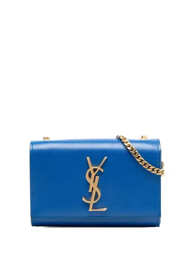Pre-owned Saint Laurent 2014 Small Grain De Poudre Monogram Kate Crossbody Bag In Blue