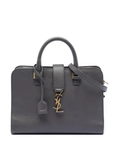Pre-owned Saint Laurent 2014 Small Leather Monogram Cabas Satchel In Gray