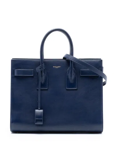Pre-owned Saint Laurent 2014 Small Leather Sac De Jour Satchel In Blue