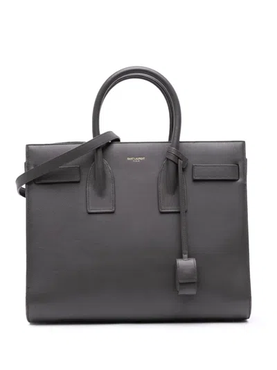 Pre-owned Saint Laurent 2014 Small Leather Sac De Jour Satchel In Gray
