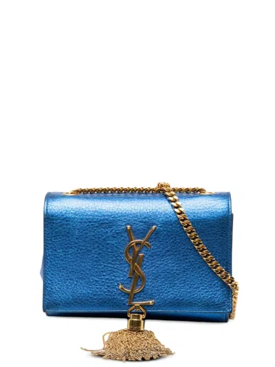 Pre-owned Saint Laurent 2014 Small Metallic Calfskin Monogram Kate Tassel Crossbody Bag In Blue