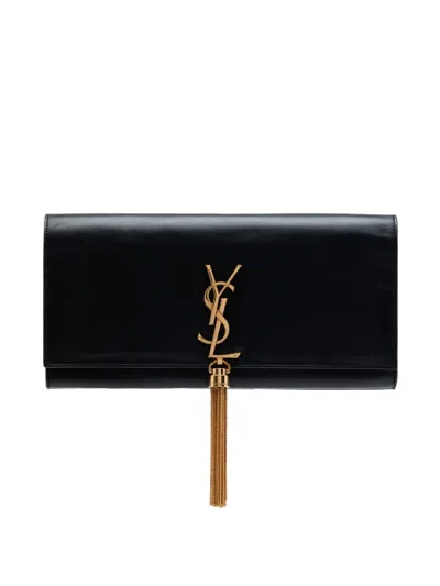 Pre-owned Saint Laurent 2014 Smooth Calfskin Cassandre Tassel Clutch Bag In Black