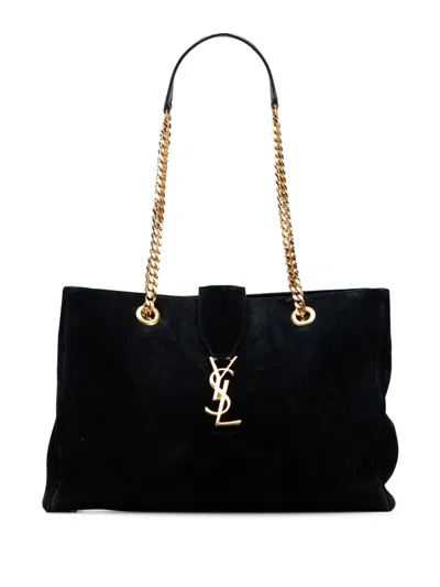 Pre-owned Saint Laurent 2014 Suede Monogram Cassandre Shopper Tote Bag In Black