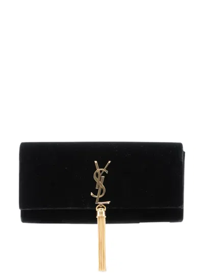 Pre-owned Saint Laurent 2014 Velvet Classic Monogram Cassandre Tassel Clutch Bag In Black