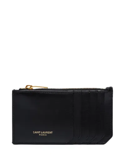 Pre-owned Saint Laurent 2015-2025 Leather Card Holder In Black