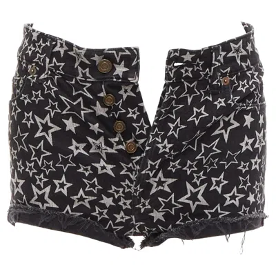 Pre-owned Saint Laurent 2015 Black Grey Star Print Cotton Denim Mini Hot Shorts 24" In Gray
