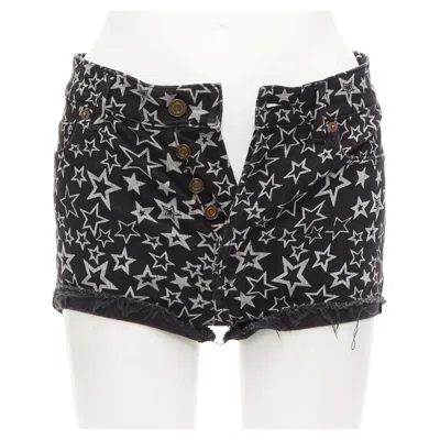 Pre-owned Saint Laurent 2015 Black Grey Star Print Cotton Denim Mini Hot Shorts 24" In Gray