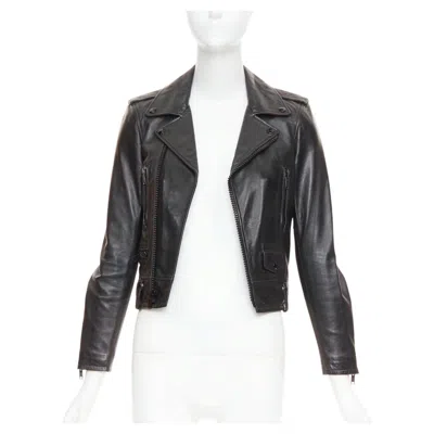 Pre-owned Saint Laurent 2015 Black Lambskin Leather Crop Asymmetric Biker Jacket Fr34 Xs