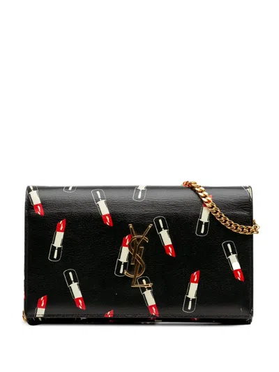 Pre-owned Saint Laurent 2015 Calfskin Lipstick Print Monogram Kate Wallet On Chain Crossbody Bag In Black