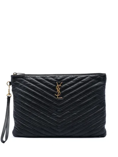 Pre-owned Saint Laurent 2015 Chevron Calfskin Monogram Zip A4 Pouch Clutch Bag In Black