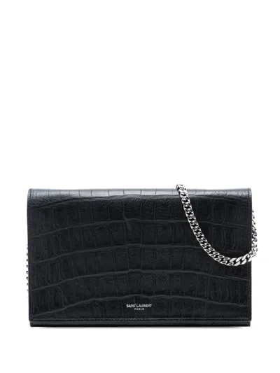 Pre-owned Saint Laurent 2015 Croc Embossed Leather Wallet On Chain Crossbody Bag In Black