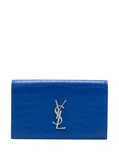 Pre-owned Saint Laurent 2015 Croc Embossed Monogram Kate Clutch Bag In Blue
