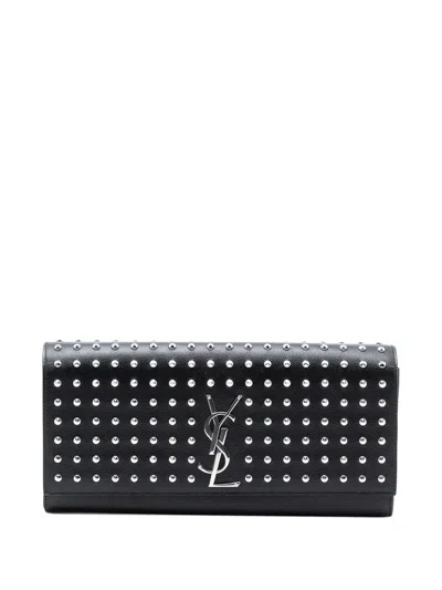 Pre-owned Saint Laurent 2015 Grain De Poudre Classic Monogram Studded Clutch Bag In Black