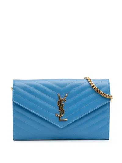 Pre-owned Saint Laurent 2015 Grain De Poudre Matelasse Chevron Monogram Chain Wallet Crossbody Bag