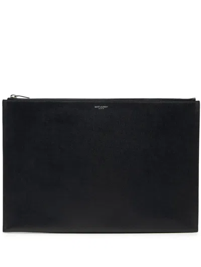 Pre-owned Saint Laurent 2015 Grain De Poudre Zip Document Holder Clutch Bag In Black