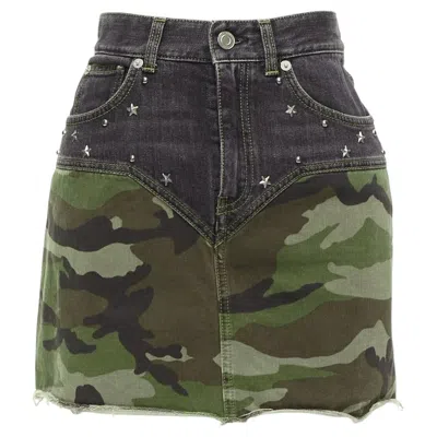 Pre-owned Saint Laurent 2015 Green Camo Blue Denim Star Studded Mini Skirt 25"